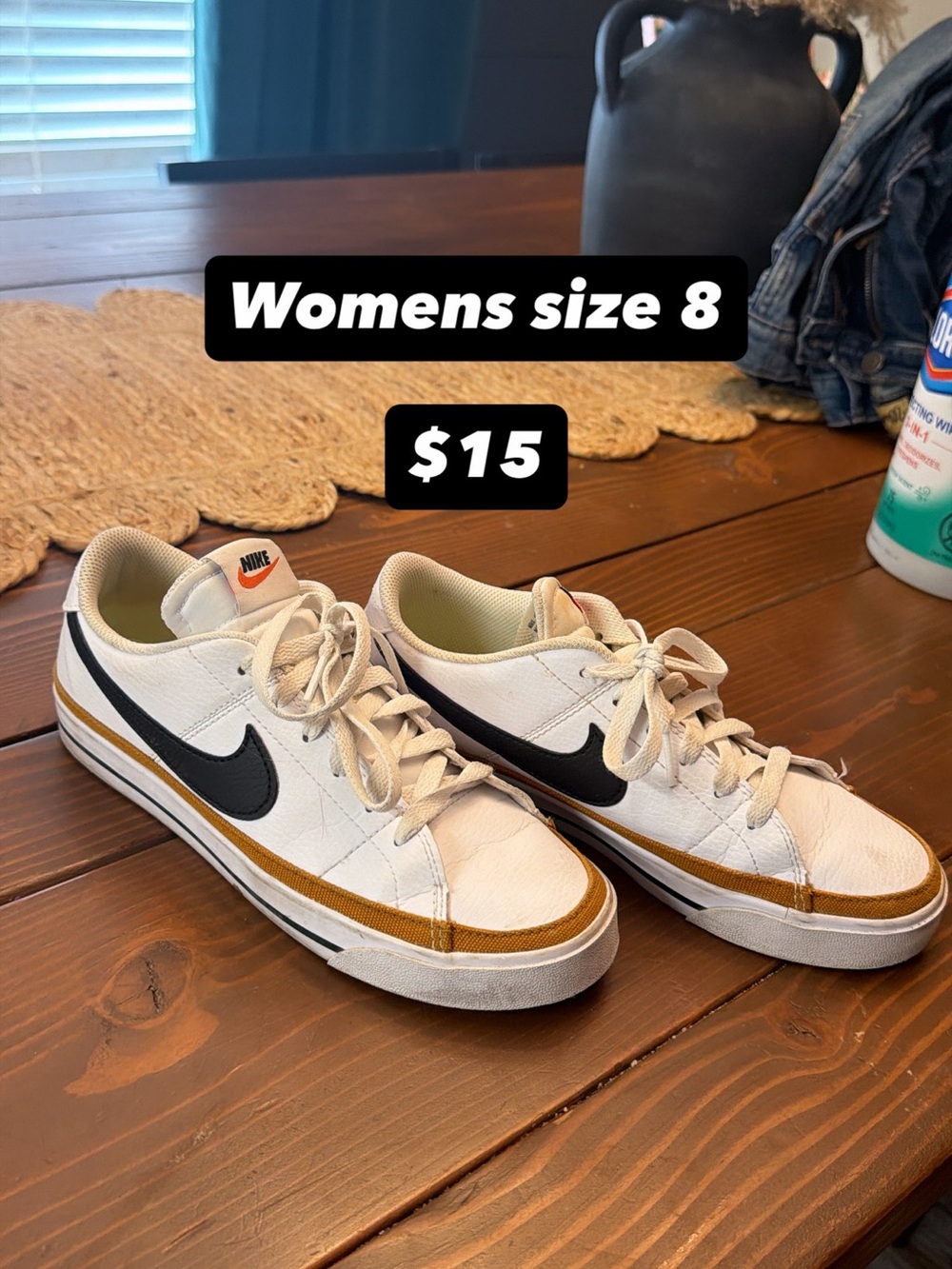 Nike Women’s White Sneakers with Black Swoosh and Brown Trim